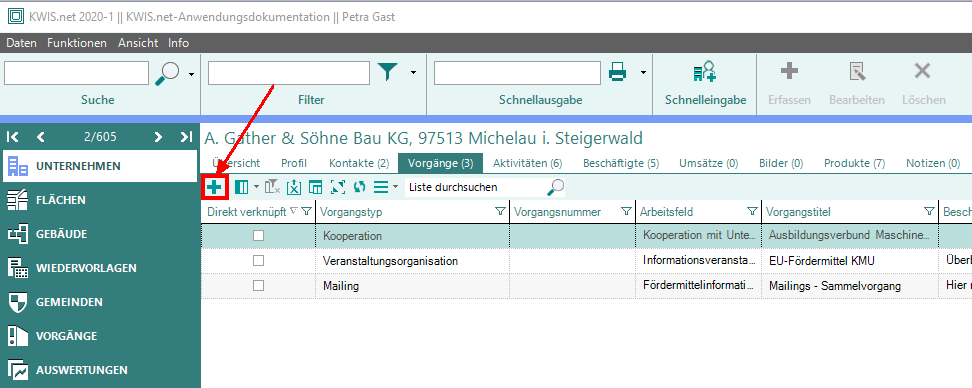 Vorgänge erstellen aus Unternehmensmodul