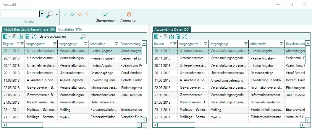 Unternehmen-Kontakte-Aktivitätenauswahl