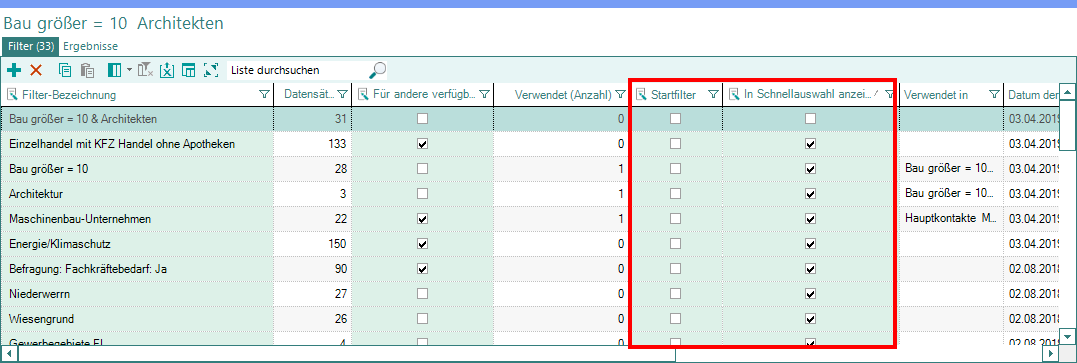 Schnellauswahl und Startfilter