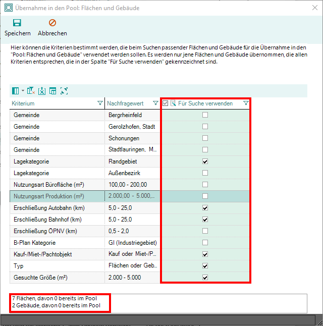 Übernahme in Pool Flächen und Gebäude