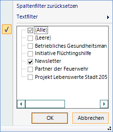 Verteilerauswahl Spaltenfilter Auswahl