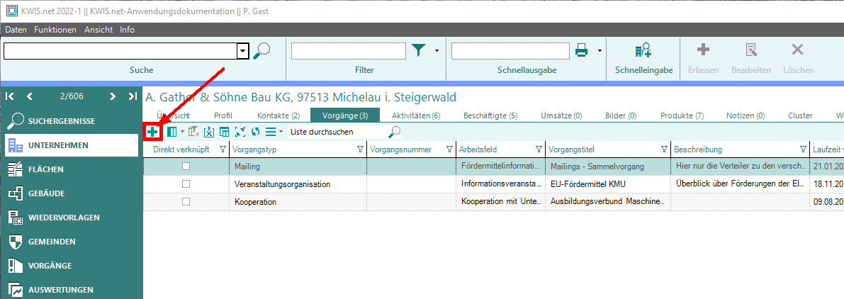 Vorgänge erstellen aus Unternehmensmodul