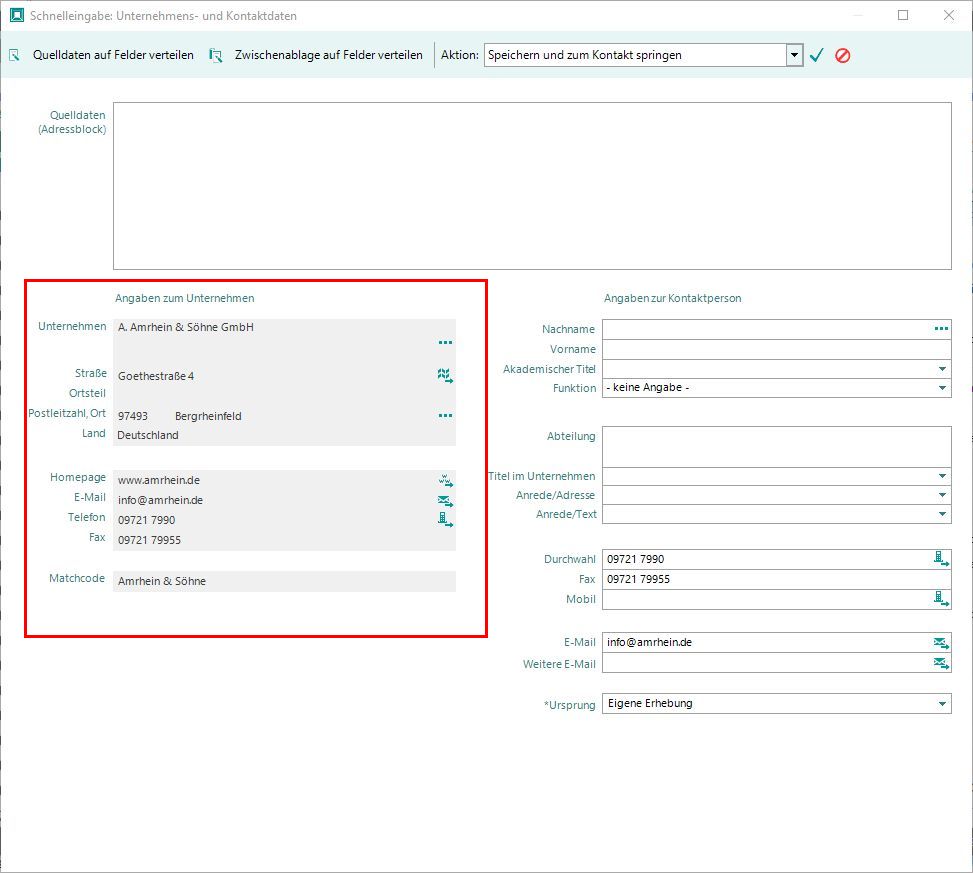 Schnelleingabefenster mit vorbelegten Unternehmensangaben