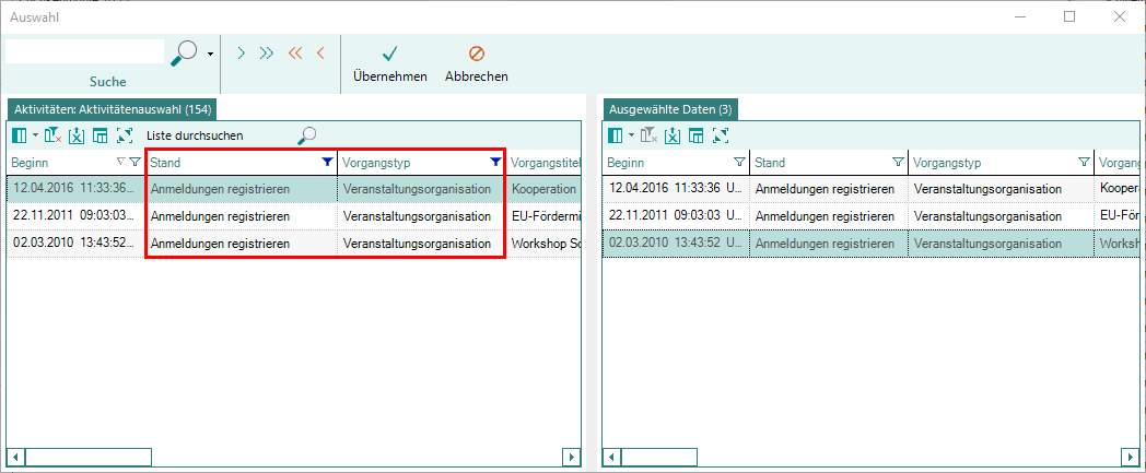 Auswahlfenster Aktivitäten