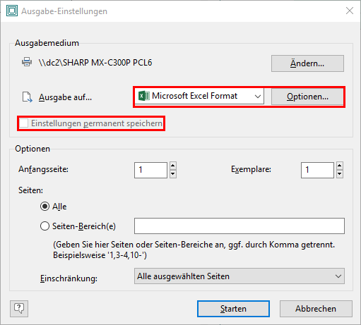 Ausgabe Einstellungen Excel