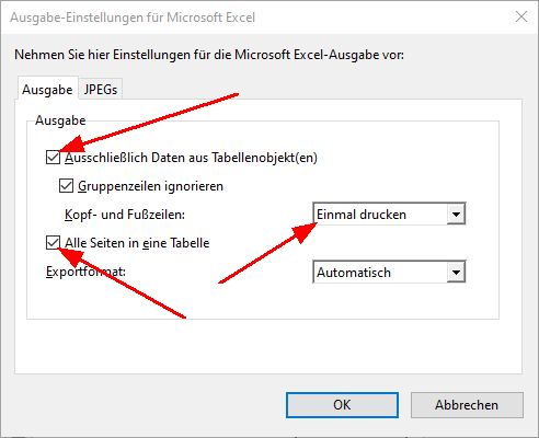 Excel Ausgabe Optionen