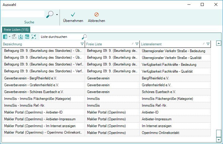 Auswahlfenster Freie Listen