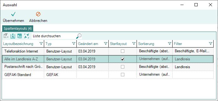 Listensymbolleiste-Spaltenlayouts-Auswahlfenster